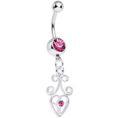 Product Details Feel the frilly love with this stainless steel navel ring offering a delicate hollow heart with lacy, coiled ribbon details. This belly button ring includes plenty of sparkle with two pink gems. Specifications 14 Gauge (1.6mm), 7/16" (11mm), 316L Surgical Grade Stainless Steel, 5mm Ball Pink Heart Belly Rings For Valentine's Day, Heart-shaped Pink Belly Rings For Gift, Pink Heart-shaped Belly Rings For Gift, Pink Heart-shaped Body Jewelry For Valentine's Day, Pink Internally Threaded Belly Rings As Gift, Pink Heart Shaped Body Jewelry For Gift, Pink Heart-shaped Body Jewelry For Gift, Pink Heart Body Jewelry For Gift, Pink Body Jewelry For Valentine's Day Gift