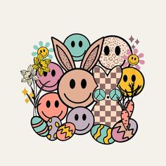 an image of some cartoon characters with flowers and eggs in the background, all on one side