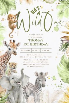 a birthday card with animals and plants on it