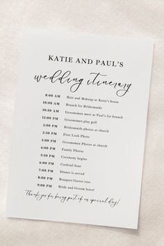 the wedding program is displayed on a white sheet