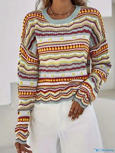 Orcajump - Plus Size Casual Sweater, Women's Plus Colorblock Geometric Print Long Sleeve Round Neck Jumper Multicolor Geometric Long Sleeve Shirt, Multicolor Geometric Pattern Long Sleeve Sweater, Fitted Multicolor Jacquard Knit Sweater, Multicolor Bohemian V-neck Sweater, Bohemian Multicolor V-neck Sweater, Casual Sweaters, Plus Size Casual, Geometric Print, Round Neck