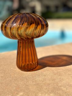 a brown glass object sitting on top of a cement slab next to a swimming pool