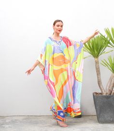 "Upgrade your wardrobe with our abstract art print kaftan! Stand out from the crowd with its bold and vibrant designs, crafted from high-quality and durable materials and possible with the free of charge for length and size custom made. Shop now and elevate your kaftan vibes ! *please be noted, this kaftan is blended silk- if you prefer the 100% silk please type \"pure\" or \"natural\" in my shop as I do have different fabric composition. The blended silk is cost effective, with more easier to t Yellow Kaftan, Summer Lounge Wear, Kaftan For Women, Summer Lounge, Cruise Trip, Kaftan Maxi Dress, Abstract Floral Art, Silk Kaftan, Silk Dress Long