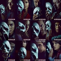 the cast of scream with their masks in different positions, including one man and two women