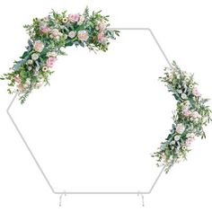 a white hexagonal frame with pink flowers and greenery on the sides, isolated against a white background