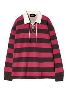 This is a casual and comfortable rugby t-shirt that is made out of high quality cotton 100% fabric. With design detail of bold stripe pattern, shirt collar, and lace-up detail, it gives a trendy and casual mood.- Tentar and tumble washed fabric- Lace-up detail on the neckline- Simple collar design- Ribbed cuffs Pink Cotton Top With Contrast Stripes, Outfit Plan, Pattern Shirt, Roblox Outfit, Bold Stripes, Collar Designs, Polo Collar, Shirt Collar, Soft Colors