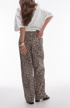 Topshop Animal Print Straight Leg Pants | Nordstrom High Waisted Leopard Pants, Topshop Straight Leg Jeans, Cheetah Print Jeans, Cheetah Print Pants, Cheetah Pants, Printed Pants Outfits, Leopard Jeans, Leopard Print Jeans, Leopard Print Pants