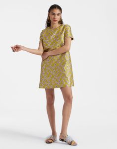 La DoubleJ Dresses - Mini Swing Dress Silk Floral Print Sheath Dress, Silk Sheath Dress With Floral Print, Yellow Short Sleeve Dress For Formal Events, Yellow Short Sleeve Formal Dress, Short Sleeve Yellow Cocktail Dress, Yellow Short Sleeve Dress For Evening, Yellow Short Sleeve Evening Dress, Yellow Silk Dress With Short Sleeves, Chic Short Sleeve Silk Dress