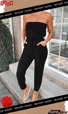 Cotton Solid Strapless Drawstring Pocket Jumpsuit Casual Strapless Jumpsuits And Rompers For Summer, Casual Strapless Jumpsuits And Rompers, Casual Strapless Jumpsuit Or Romper, Casual Strapless Jumpsuits And Rompers With Pockets, Trendy Strapless Jumpsuits And Rompers With Pockets, Trendy Strapless Jumpsuit With Pockets For Summer, Casual Solid Strapless Jumpsuit For Night Out, Versatile Black Jumpsuits And Rompers For Summer, Black Versatile Jumpsuits And Rompers For Summer