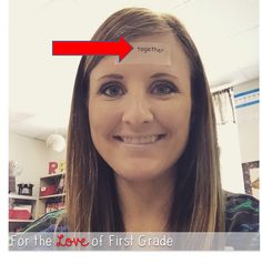 a woman with a red marker on her forehead and the word together is for the love of first grade