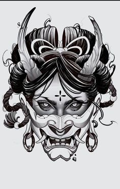 a drawing of a woman's face with horns on her head and an elaborate mask