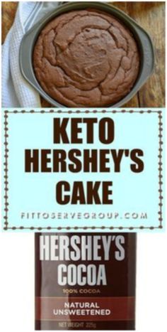 the keto hershey's cake is in a pan and next to a bottle of cocoa