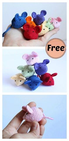 crocheted mouses are shown in three different pictures and the text free is below them