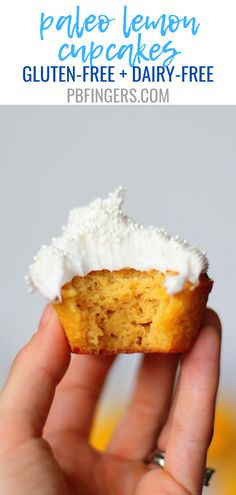 a person holding a cupcake with frosting on it and the text pale lemon cupcakes gluten - free dairy - free