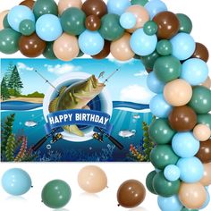 an image of a birthday card with balloons in the shape of fish and fishing rods