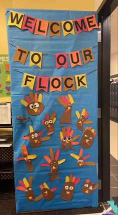 a welcome to our flock bulletin board with turkeys on it and the words welcome to our flock