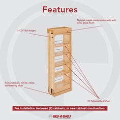 the features of a wooden cabinet with labels on each side and instructions to install them