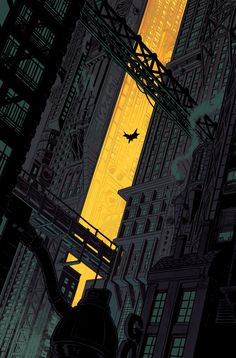 an illustration of a clock tower in the middle of a city at night with a bird flying over it