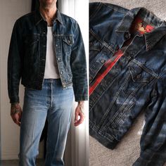 "FREE DOMESTIC SHIPPING This awesome vintage 80s Levis buffalo plaid lined type 3 trucker jacket is a shop favorite! Deep indigo distressed whiskering and fades with a wax/resin wash that adds to its incredible silhouette. Made in USA. Please reference measurements below.   <> Designer: LEVIS <> Made in USA <> fabric: 100% Cotton  <> Size: Please refer to measurements below for best fit. (model stands 6'3\" tall) <> Measurements: laying flat from left to right      shoulder to shoulder: 19\"      underarm to underarm: 22\" ( 44\" around )      waist: 21\" ( 42\" around )      sleeve length from shoulder: 24.5\"      overall length: 24\" <> Great Vintage Denim Condition. Paper tag in collar is destroyed, but paper tag remain at hem indicating \"MADE IN USA'. Fades and very slight blemishes Vintage Dark Wash Selvedge Denim Jacket, Vintage Red Denim Jacket For Fall, Vintage Fitted Selvedge Denim Jacket, Vintage Red Cotton Denim Jacket, Vintage Selvedge Denim Jacket For Fall, Vintage Selvedge Denim Jacket, Grunge Denim Jacket, Grunge Denim, Red Buffalo Plaid