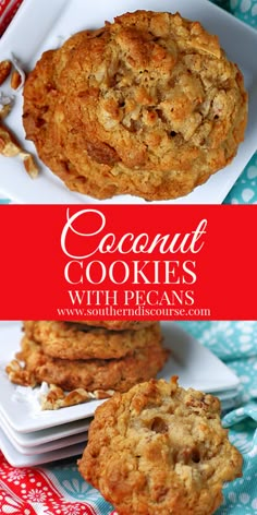 cookies with pecans are stacked on top of each other and the title reads coconut cookies with pecans