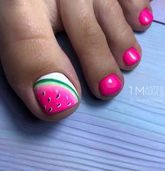 Watermelon Nail, Watermelon Nail Art, Tropical Nail Designs, Easy Toe Nail Designs, Simple Toe Nails, Pedicure Designs Toenails, Watermelon Nails, Toe Nail Color, Pretty Toe Nails