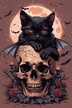 a black cat sitting on top of a human skull with bats and roses around it