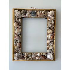 a frame made out of seashells on a wall