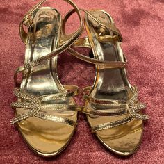 Metallic Gold Rhinestone Bling Strappy 3” Heel Sandal Size 8.5 8 1/2 Brand New These Have Never Been Worn, The Brand Is Silver Slipper, And Are Super Flattering, Especially With A Black Dress With Gold Embellishments. Silver Slippers, Gold Embellishment, Gold Rhinestone, Heel Sandal, Slipper Shoes, Cancun, Metallic Gold, Women's Shoes Sandals, Gold Metal