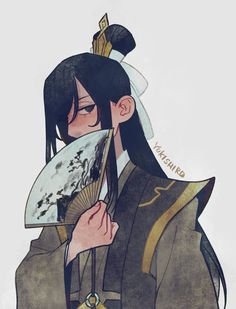 an anime character with long black hair holding a fan