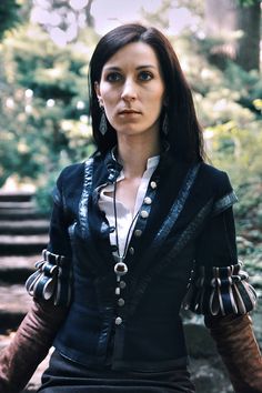 Costume Yennefer inspired by outfit of Yennefer from Black Fitted Costume For Larp, Fitted Black Costume For Larp, Medieval Black Costume For Winter, Fitted Medieval Black Costume, Medieval Black Long Sleeve Costume, Medieval Long Sleeve Black Costume, Fitted Black Fantasy Outerwear, Black Long Sleeve Medieval Costume, Black Fitted Outerwear For Cosplay Events