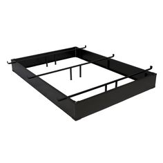 a black metal bed frame with two legs on each side and an attached rail to the top