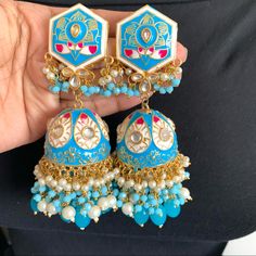 Beautiful Jaipuri Meenakari Work With Premium Quality Beads Original Jhumka Authentic Jhumka Pakistani Jewelry, Stylish Dress Book, Stylish Dresses, Festival Captain Hat, Statement Necklace, Blue Color, Blue And White, Women Accessories, Charm Bracelet