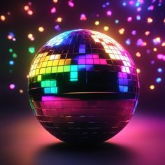 a disco ball with colorful lights in the background