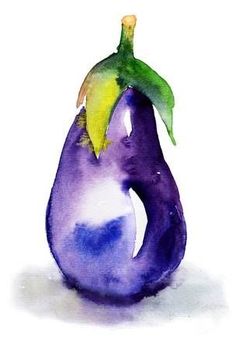 a watercolor painting of a purple eggplant with a green leaf on it