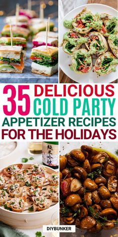 the cover of 35 delicious cold party appetizer recipes for the holidays