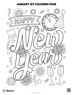 a happy new year coloring page with the words happy new year in black and white