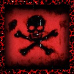 there is a skull and crossbones on the red background with black dots around it