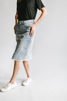 'Lily' Light Denim Knee Length Skirt Casual Denim Stretch Pencil Skirt, Summer Stretch Denim Skirt, Spring Mid-rise Washed Denim Skirt, Spring Mid-rise Stretch Denim Skirt, Summer Denim Knee-length Skirt, Casual Relaxed Fit Pencil Skirt, Trendy Mid-rise Denim Skirt With Frayed Hem, Casual Dark Wash Knee-length Denim Skirt, Casual Knee-length Dark Wash Denim Skirt