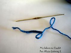 a crochet hook with blue yarn next to it