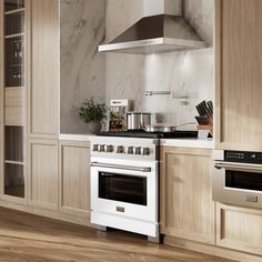 a white stove top oven sitting inside of a kitchen next to a wooden countertop