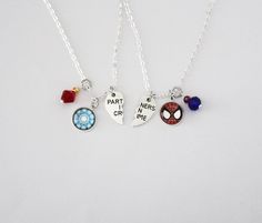 "If you love Tony Stark and his new \"adopted\" son and/or protégé Peter Parker, you'll love this necklace set! Dedicated to Spider Man and Iron Man, this friendship necklace set is perfect for you and your best friend. - You will receive a pair of necklaces (one Iron Man, one Spider Man). - Choose from \"Partners in Crime\" or \"Best Friends\" charm options! - Choose your packaging: both in ONE box or separately in TWO boxes, for easy gifting! ----------☆---------- 24 inch Sterling Silver plate Personalized Fandom Jewelry Gift, Fandom Style Personalized Jewelry Gift, Peter Parker Tony Stark, Man Friendship, Marvel Jewelry, Bff Necklace, Bff Jewelry, Iron Spider, Friendship Necklace