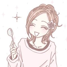 a drawing of a woman holding a spoon in her right hand and smiling at the camera