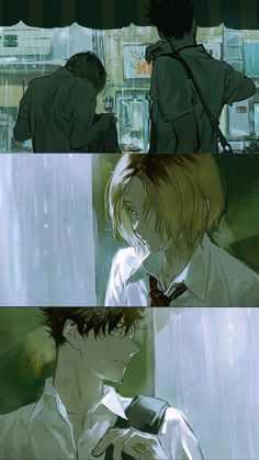 an anime scene with two people standing in the rain