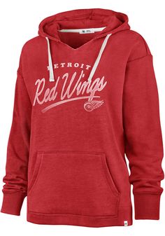 Wear your Red Wings spirit with pride in this Detroit Red Wings Long Sleeve Hoodie! Fight off the chill in this Detroit Womens Red Kennedy Hooded Sweatshirt. This Red Wings Long Sleeve Hoodie features a screen print team name and logo on center chest. Long sleeve, Hood with drawstrings, Ribbed cuffs, Front pouch pocket, Dropped shoulder, 60% Cotton / 40% Polyester, 4 Red Hoodie Sweatshirt, University Red Long Sleeve Hoodie For Fall, Winter Fan Apparel Top With Drawstring Hood, Red Casual Hoodie For Loungewear, University Red Cotton Hoodie For Fall, Red Hoodie With Ribbed Cuffs For Loungewear, Casual University Red Hoodie For Winter, Fan Apparel Hoodie With Drawstring, Red Hoodie With Drawstring For Loungewear