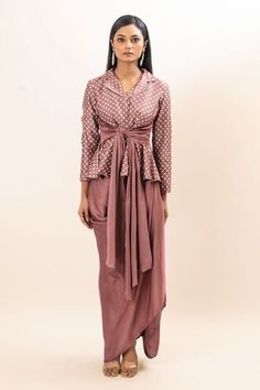 Dusty pink blazer with floral print and a front tie-up. Paired with a draped skirt. - Aza Fashions Fitted Draped Pink Set, Pink Fitted Draped Set, Fitted Draped Skirt For Festive Occasions, Fitted Silk Peplum Set, Dusty Pink Blazer, Floral Print Blazer, Women Skirt, Draped Skirt, Floral Blazer