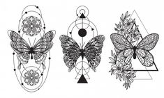 three butterflies with intricate designs on them