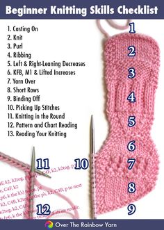 the beginner knitting skills checklist is shown with instructions for how to knit it