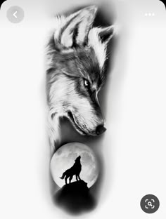 a wolf and a ball are shown in this black and white photo with the moon behind it