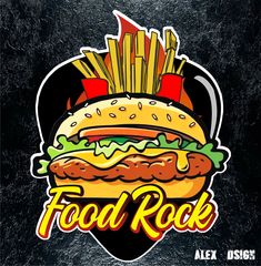 a logo for a fast food restaurant with french fries and a large hamburger on it