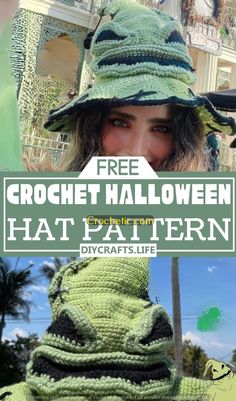 a woman wearing a crochet hat and scarf with text overlay that reads free crochet halloween hat pattern